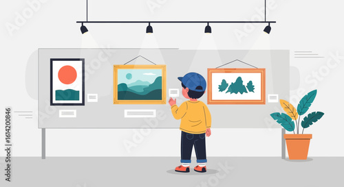 Youngster Discovering Art At The Gallery Enjoying Visuals And Creative Exploration