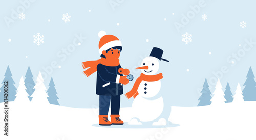 Youngster Enjoying Winter Fun Building a Snowman On a Snowy Field