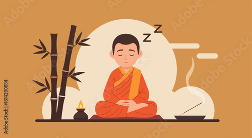 Zen Nap A Cartoon Monk Meditates Among Bamboo and Incense Asleep