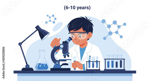Youngster Enjoys Scientific Exploration With Laboratory Glassware and Microscopes Equipment