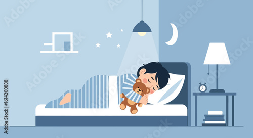 Sweet Dreams Of A Boy Sleeping Peacefully With His Teddy Bear At Night