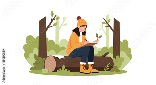 Young Botanist Sketching Plant In The Forest, Capturing Nature On Paper