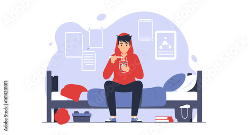 Teenager Eating Noodles Sitting on Bed in Cozy Room At Home