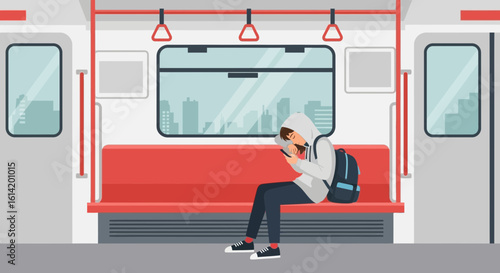 Teenager Is Consumed By His Phone While Riding The Train In The City