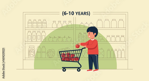 Young Boy In The Grocery Store Choosing Red Apples For Shopping Cart
