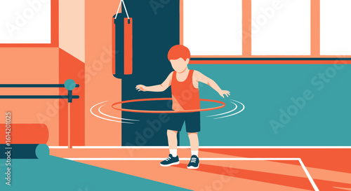 Young Boy Having Fun Hula Hooping at Fitness Studio With Punching Bag