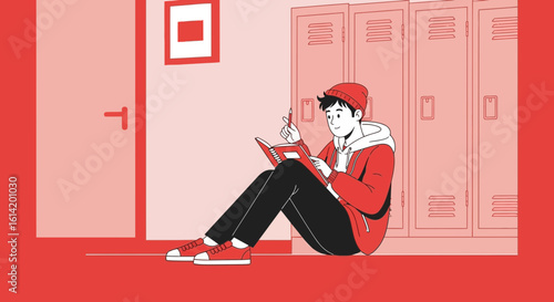 Thoughtful Student Sits By School Lockers With Book And Pen Illustration