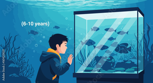 Young Boy Is Observing An Aquarium With Fishes In Flat Vector Illustration