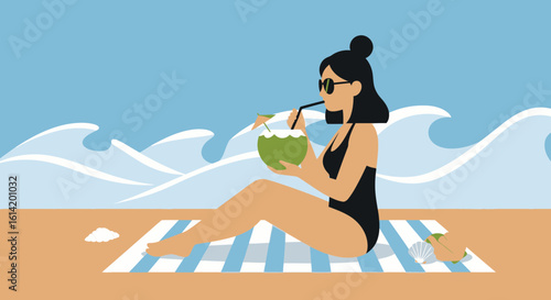 Young Woman Enjoying Coconut Drink on Beach during Summer Vacation Time
