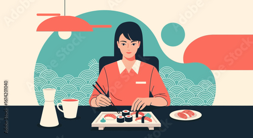 Young Woman Enjoying Japanese Cuisine With Elegant Background Elements Scene