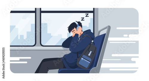 Tired Commuter Napping During Public Transportation Wearing Headphones And Backpack