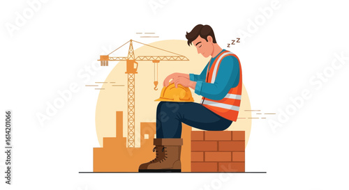 Tired Construction Worker Taking Break on Construction Site With Crane