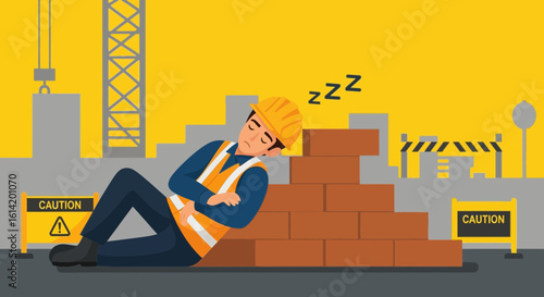 Tired Construction Worker Taking Nap on Building Site During the Day