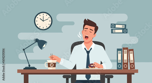Tired Employee Taking Coffee Break And Eating Donut At Workplace Office