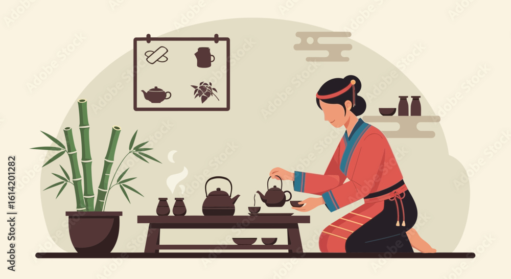 Fototapeta premium Traditional Tea Ceremony Illustration Featuring Woman Pouring Tea With Bamboo Plant