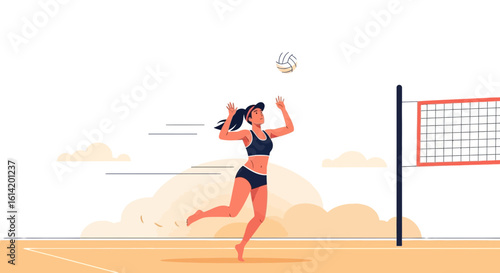 Young Woman Playing Volleyball on Beach Preparing to Serve the Ball