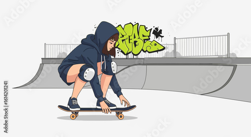 Young Woman Practicing Balance On Skateboard In Skatepark With Graffiti Wall