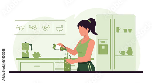 Young Woman Prepares Green Smoothie in a Bright Kitchen for a Healthy Lifestyle