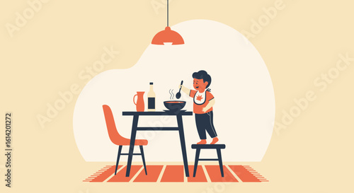 Young Child Reaching For Meal on Table Illustration at Dining Room Scene