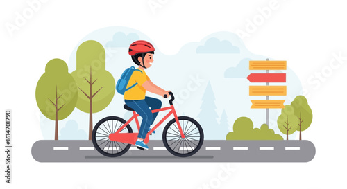 Young Cyclist Adventures On Road Trip With Directional Signboard In Flat Vector