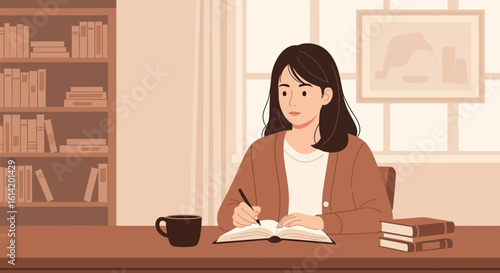 Young Woman Studying At Her Desk With Bookshelf In The Background