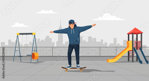 Urban Skater Balancing on Board in a Playground With Skyline View