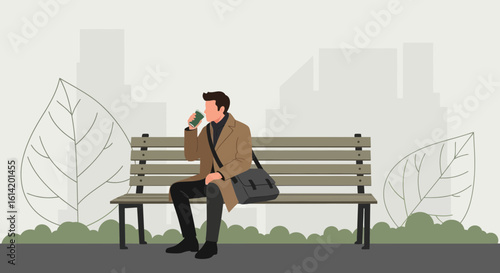 Urban Solitude A Man Enjoying Coffee Break on Park Bench Illustration