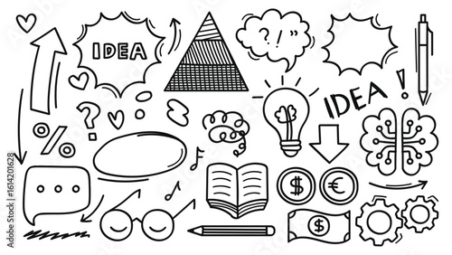 Hand drawn doodles about ideas thinking and knowledge and business.Vector illustration
