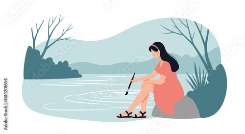 Woman Creates Ripples In The Lake With A Brush On A Summer Day