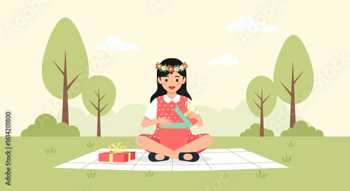 Young Girl Opening A Birthday Gift Outdoors In A Park Environment