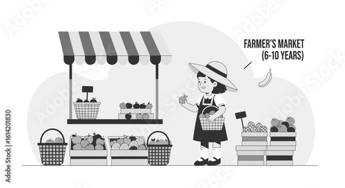Young Girl Shops For Fresh Fruits At The Farmers Market Illustration