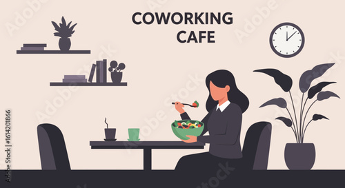 Woman Enjoying Healthy Lunch Break At The Modern Coworking Cafe Setting