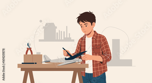 Young Hobbyist Assembling Detailed Model Airplane At Home Leisurely Hobby
