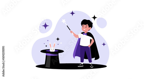 Young Magician Performing a Trick With Wand Hat and Rabbit Illustration