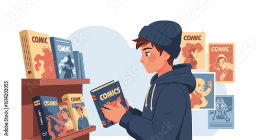 Young Man Exploring His Passion For Reading Graphic Novels In A Bookshop