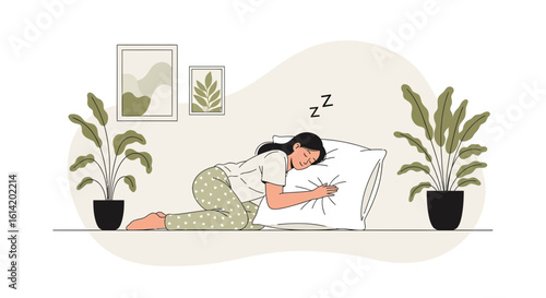 Woman Is Sleeping Peacefully At Home With Plants And Minimalist Interior
