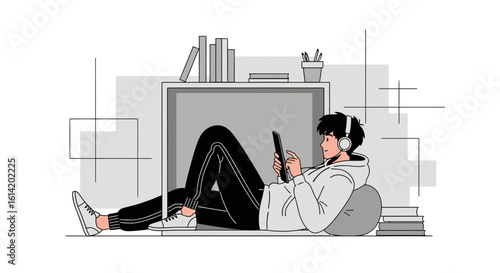Young Man Relaxing with Headphones and Tablet at Home Illustration