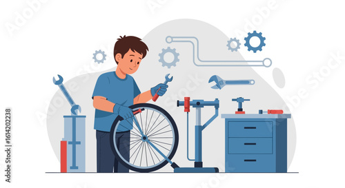 Young Man Repairing Bicycle Wheel in Workshop Illustration For Background