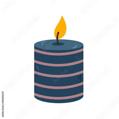 Dark blue striped candle with flame on white background