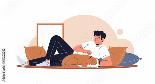 Young Man Resting With His Dog Lying Down on Pillows After Workday