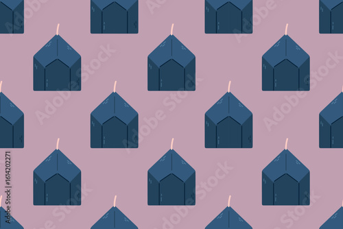Seamless pattern with prism-shaped blue candles on lavender background