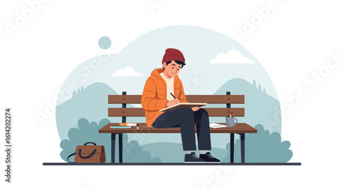 Young Man Sketching Outdoors Sitting on Park Bench Drawing Nature Scene