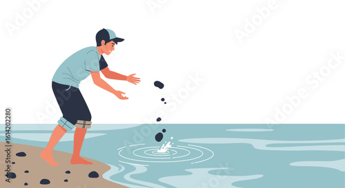 Young Man Skips Stones Into The Serene Water On A Sunny Day