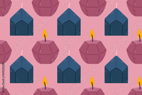 Seamless pattern with geometric purple and prism-shaped candles on pink background