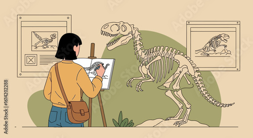 Woman Painting Dinosaur Skeleton In Natural History Museum Educational Scene