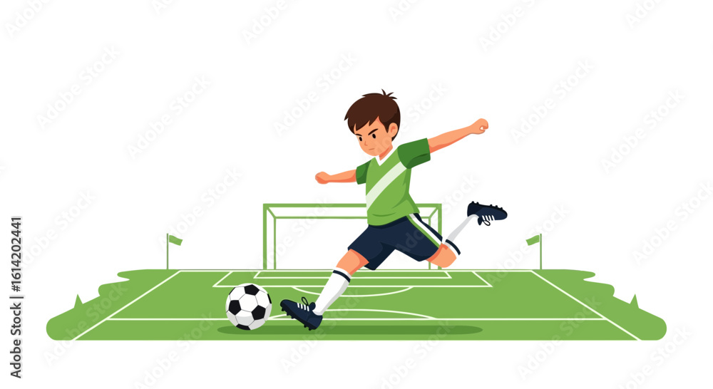 Fototapeta premium Young Player Kicking Soccer Ball Towards Goal on Grassy Field During Match