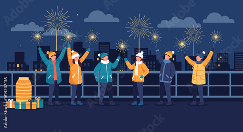 Young People Celebrate New Year With Sparklers In The Evening City Skyline