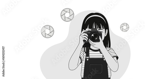 Young Photographer Capturing Moments With Her Camera In Monochrome Style