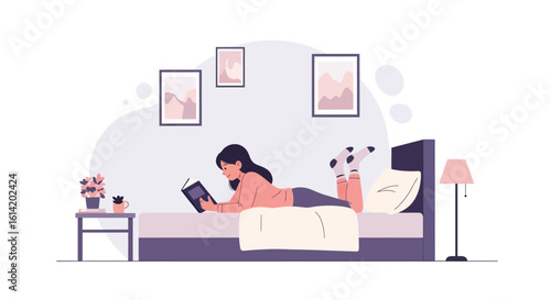 Woman Reading Book On Bed Enjoying Relaxing Day In Her Apartment