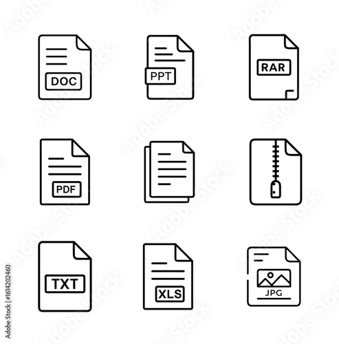 File format icon set including PDF, DOC, XLS, ZIP, JPG, PSD and more extensions in minimal black style for digital document and media symbols